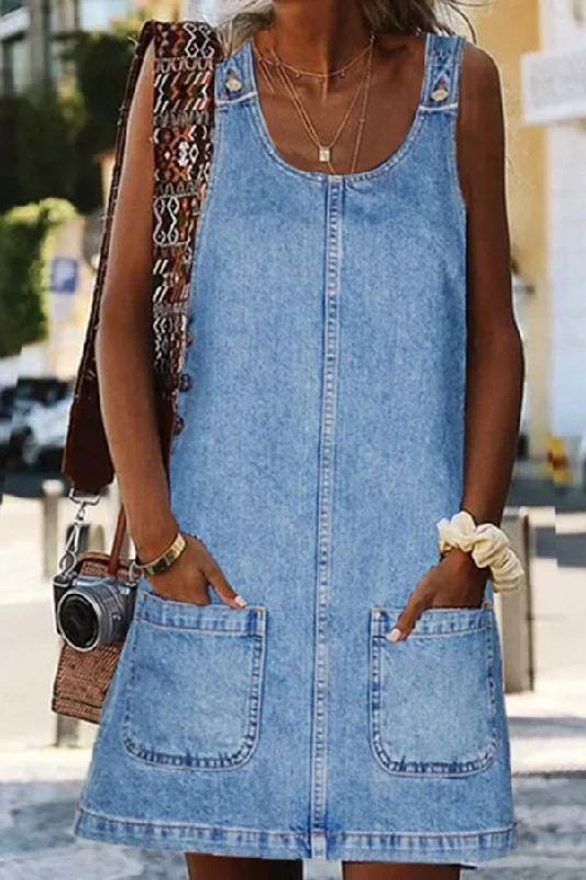 Solid Color Denim Sleeveless Cozy Pocket Mini Dress Comfortable Boho Mini Dress