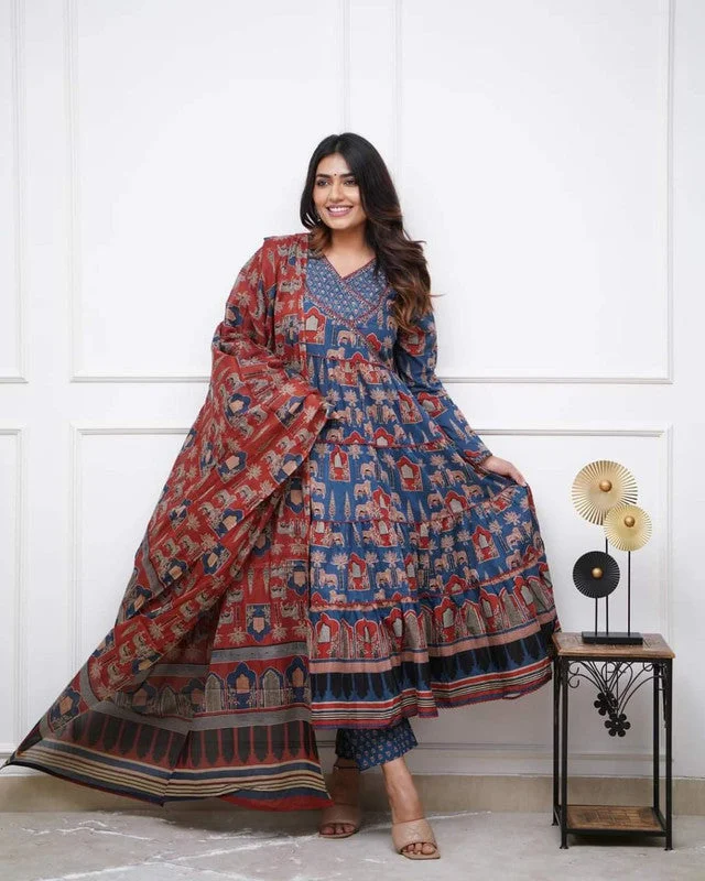 Malishka Women's Embroidered Cotton Blend Kurti With Pant & Dupatta Set - Blue Comfy High-Waist Jeans Malishka Women's Embroidered Cotton Blend Kurti With Pant & Dupatta Set - Blue Comfy High-Waist Jeans