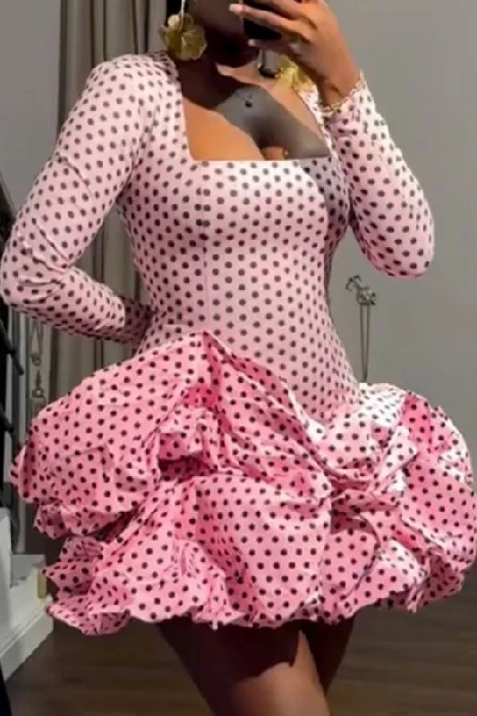 Polka Dot Square Collar Playful Bubble Mini Dress Comfortable Zip-Up Mini Dress