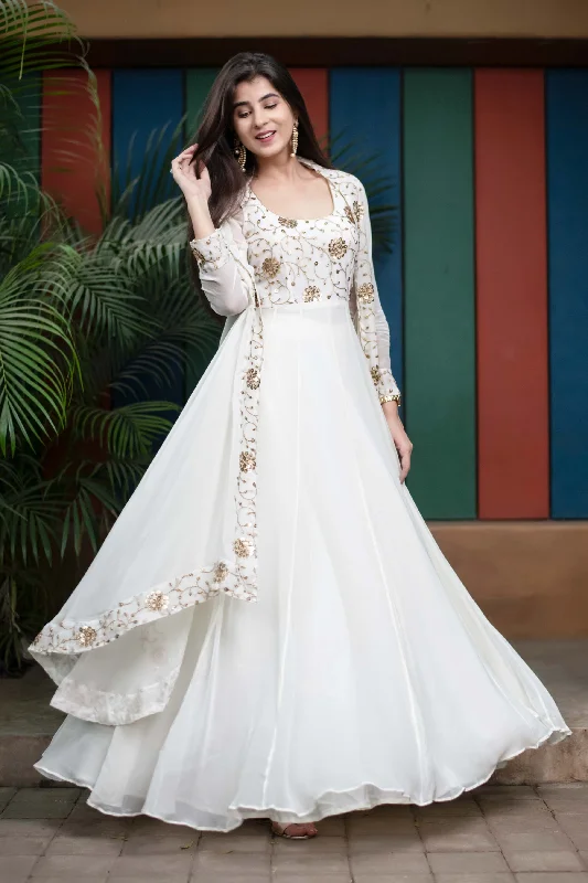 Women's Off White Jacket Gown With Sequin And Zari Work (2pcs Set) - Label Shaurya Sanadhya Striped Jacket Polka Dot Jacket Floral Jacket Women's Off White Jacket Gown With Sequin And Zari Work (2pcs Set) - Label Shaurya Sanadhya Striped Jacket Polka Dot Jacket Floral Jacket