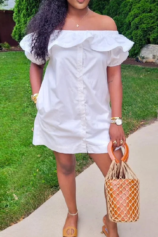 Solid Color Cute Ruffles Off Shoulder Mini Dress Classic White Mini Dress
