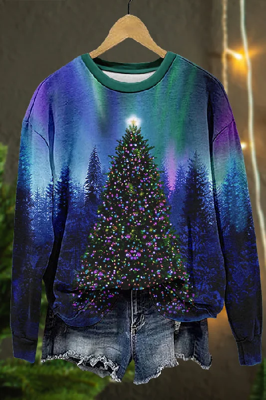 Unique Aurora Christmas Tree Print Sweatshirt Hoodie with Elastic Waist Stretchable Comfortable Unique Aurora Christmas Tree Print Sweatshirt Hoodie with Elastic Waist Stretchable Comfortable