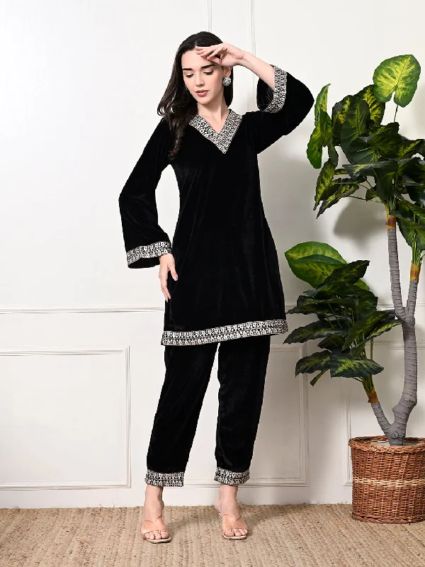 Myshka Women's Black Velvet Kurta Pant Elegant Silk Pants