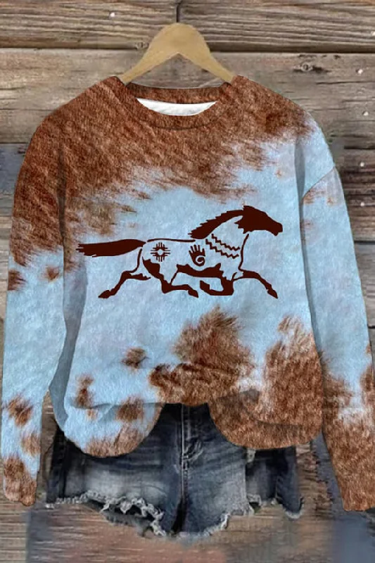 Women's Western Vintage Horse Print Sweatshirt Hoodie with Pocket Utility Practical