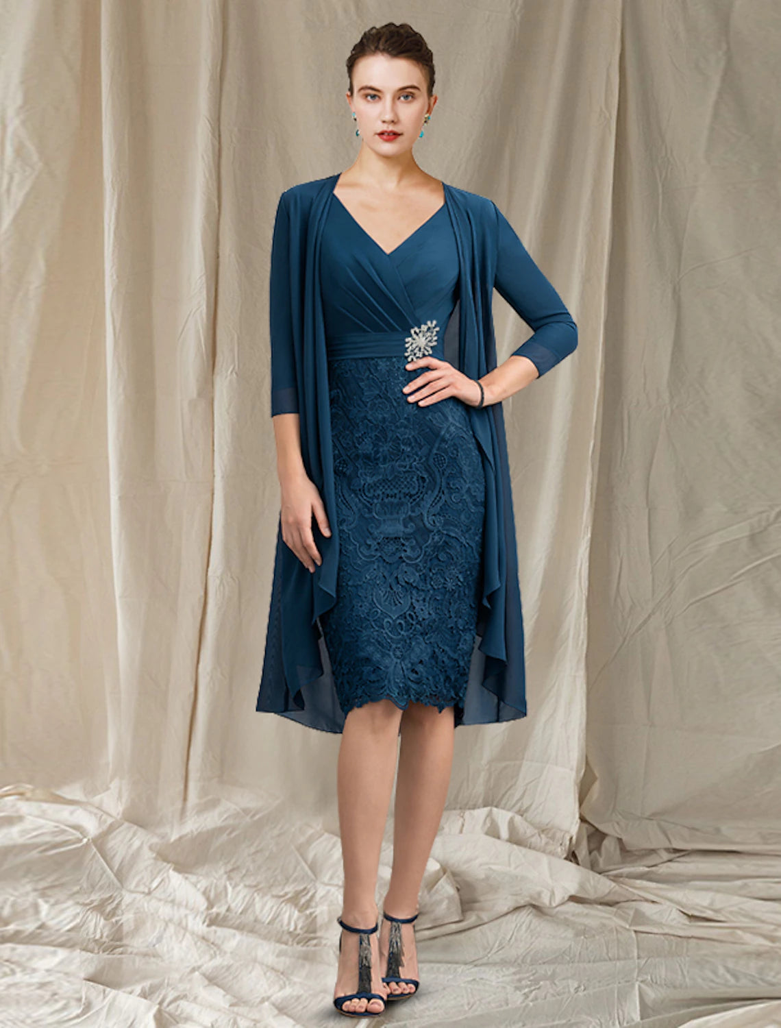 Two Piece Sheath / Column Mother of the Bride Dress Church Elegant V Neck Knee Length Chiffon Lace Half Sleeve Jacket Dresses with Appliques Crystal Brooch Jersey Jacket Tulle Jacket Batik Jacket Two Piece Sheath / Column Mother of the Bride Dress Church Elegant V Neck Knee Length Chiffon Lace Half Sleeve Jacket Dresses with Appliques Crystal Brooch Jersey Jacket Tulle Jacket Batik Jacket