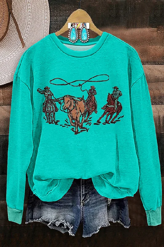 Retro Western Cowboy Print Long Sleeve Sweatshirt Hoodie with Crew Neck Simple Timeless Retro Western Cowboy Print Long Sleeve Sweatshirt Hoodie with Crew Neck Simple Timeless