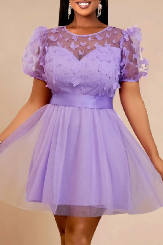 Butterfly Decor Puff Sleeve Sweet Tulle A-Line Mini Dress Stylish Ribbed Mini Dress