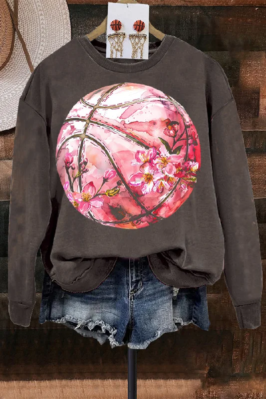 Watercolor Floral Basketball Print Sweatshirt Hoodie with Hem Ribbing Snug Secure