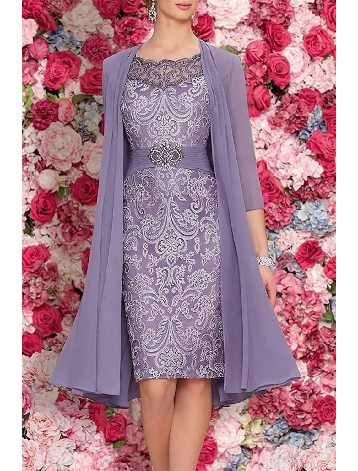 Two Piece Sheath / Column Mother of the Bride Dress Formal Wedding Guest Elegant Scoop Neck Knee Length Chiffon Lace Sleeveless Jacket Dresses with Beading Appliques V-Neck Jacket Boat Neck Jacket Square Neck Jacket Two Piece Sheath / Column Mother of the Bride Dress Formal Wedding Guest Elegant Scoop Neck Knee Length Chiffon Lace Sleeveless Jacket Dresses with Beading Appliques V-Neck Jacket Boat Neck Jacket Square Neck Jacket