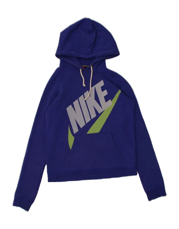 NIKE Womens Graphic Hoodie Jumper UK 10 Small Blue Cotton Hoodie with Elastic Waist Stretchable Comfortable NIKE Womens Graphic Hoodie Jumper UK 10 Small Blue Cotton Hoodie with Elastic Waist Stretchable Comfortable