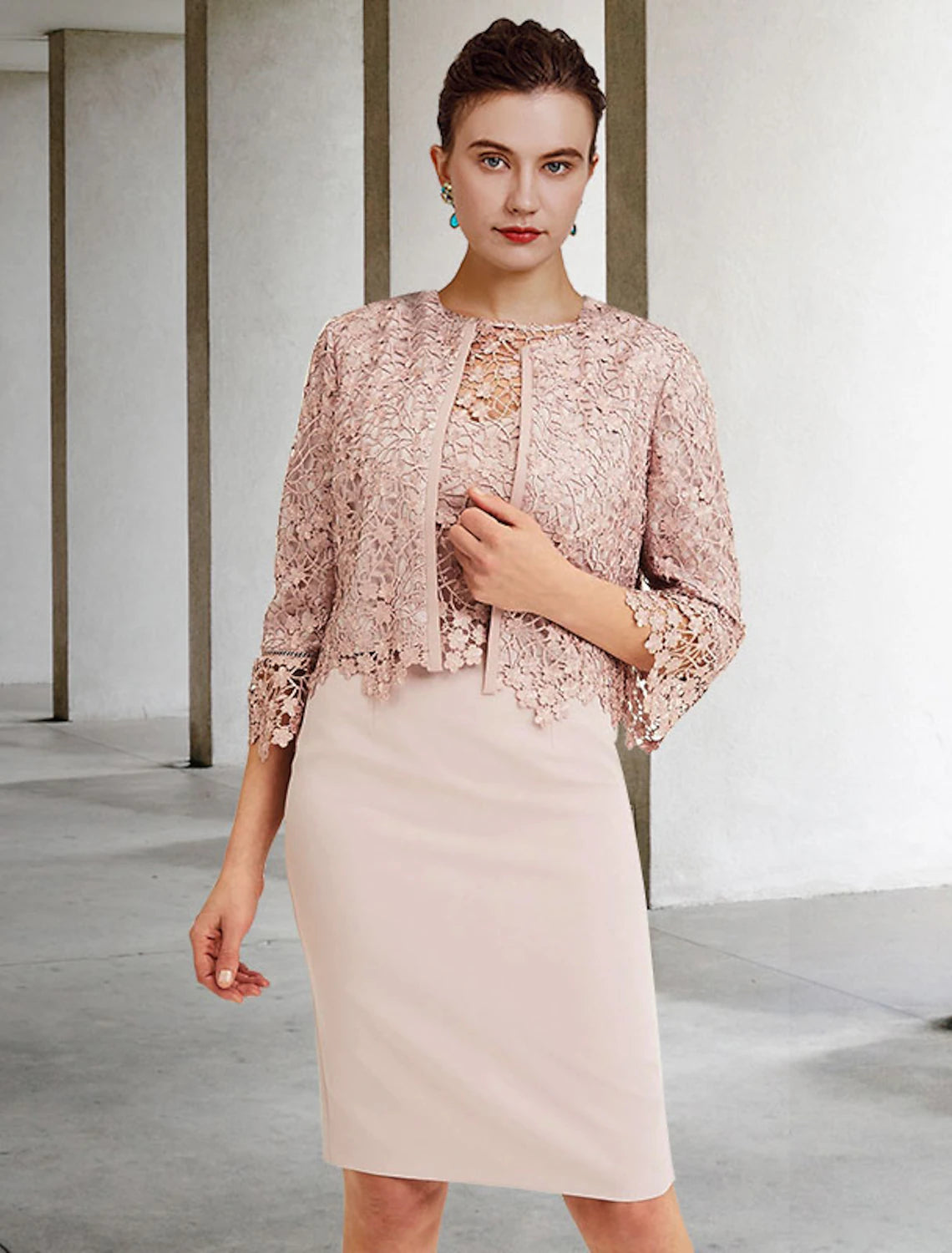 Two Piece Sheath / Column Mother of the Bride Dress Church Elegant Jewel Neck Knee Length Chiffon Lace Short Sleeve Short Jacket Dresses with Ruffles Appliques Herringbone Jacket Houndstooth Jacket Plaid Jacket Two Piece Sheath / Column Mother of the Bride Dress Church Elegant Jewel Neck Knee Length Chiffon Lace Short Sleeve Short Jacket Dresses with Ruffles Appliques Herringbone Jacket Houndstooth Jacket Plaid Jacket