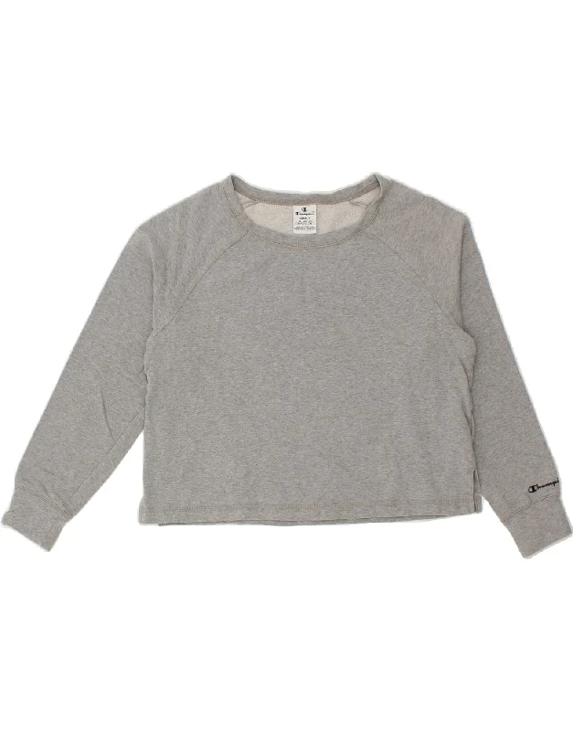 CHAMPION Womens Crop Sweatshirt Jumper UK 10 Small Grey Cotton Hoodie with Puffed Sleeves Voluminous Trendy CHAMPION Womens Crop Sweatshirt Jumper UK 10 Small Grey Cotton Hoodie with Puffed Sleeves Voluminous Trendy