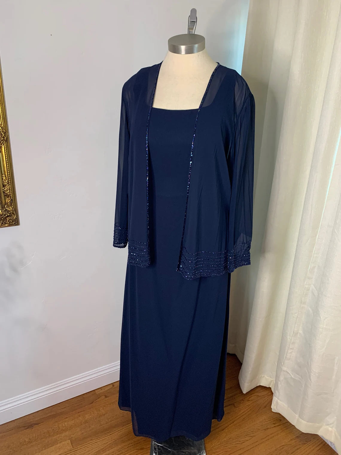 Navy Blue 2 Piece Formal Dress with Jacket Mother of The Bride Outfit Beaded Chiffon Jacket Plus Size Navy Gown Fleece Fabric Down Fabric Feather Fabric Navy Blue 2 Piece Formal Dress with Jacket Mother of The Bride Outfit Beaded Chiffon Jacket Plus Size Navy Gown Fleece Fabric Down Fabric Feather Fabric