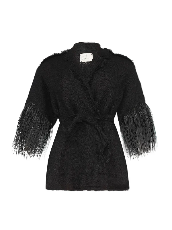 Short-Sleeve Fringe Detail Jacket V-Neck Jacket Boat Neck Jacket Square Neck Jacket