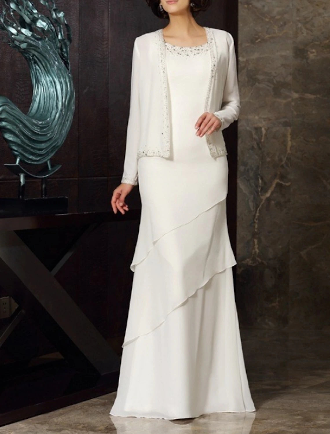 Two Piece Sheath / Column Mother of the Bride Dress Wedding Guest Plus Size Elegant Jewel Neck Floor Length Chiffon Long Sleeve Wrap Included Short Jacket Dresses with Beading Cascading Ruffles Cardigan Sweater Pullover Two Piece Sheath / Column Mother of the Bride Dress Wedding Guest Plus Size Elegant Jewel Neck Floor Length Chiffon Long Sleeve Wrap Included Short Jacket Dresses with Beading Cascading Ruffles Cardigan Sweater Pullover