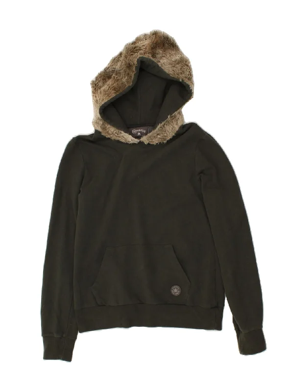 CONVERSE Womens Hoodie Jumper UK 12 Medium Khaki Hoodie with Hem Frayed Vintage Worn CONVERSE Womens Hoodie Jumper UK 12 Medium Khaki Hoodie with Hem Frayed Vintage Worn