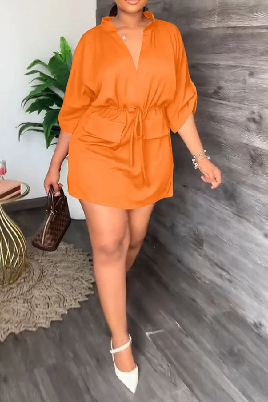 Solid Color Relaxed Drawstring Mini Dress Chic Bohemian Mini Dress