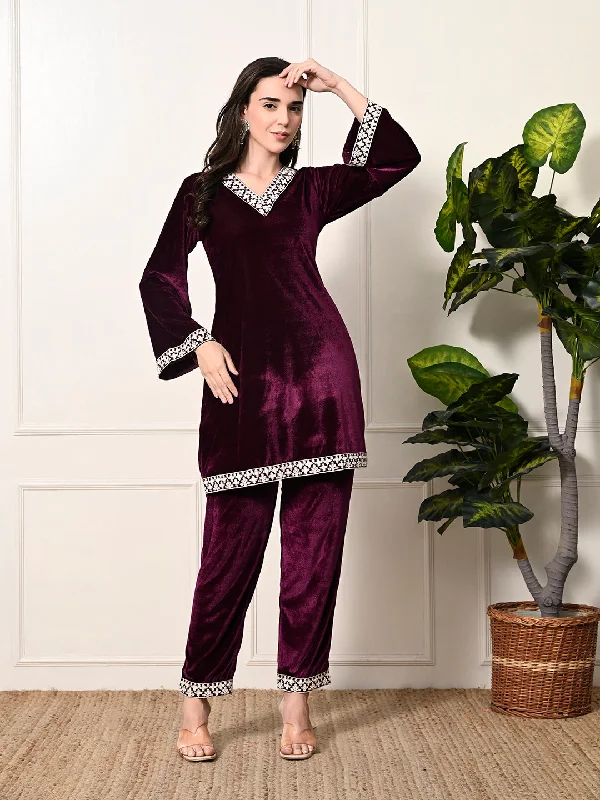 Myshka Women's Magenta Velvet Kurta Pant Casual Drawstring Pants