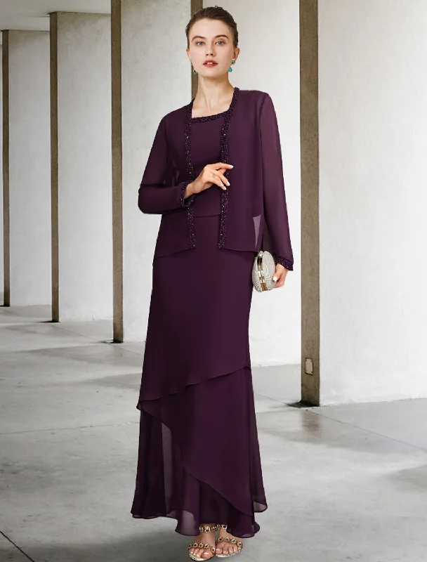 Two Piece A-Line Mother of the Bride Dress Plus Size Elegant Square Neck Ankle Length Chiffon Sleeveless Wrap Included Jacket Dresses with Pearls Beading Tier Ribbed Jacket Pleated Jacket Ruffled Jacket Two Piece A-Line Mother of the Bride Dress Plus Size Elegant Square Neck Ankle Length Chiffon Sleeveless Wrap Included Jacket Dresses with Pearls Beading Tier Ribbed Jacket Pleated Jacket Ruffled Jacket