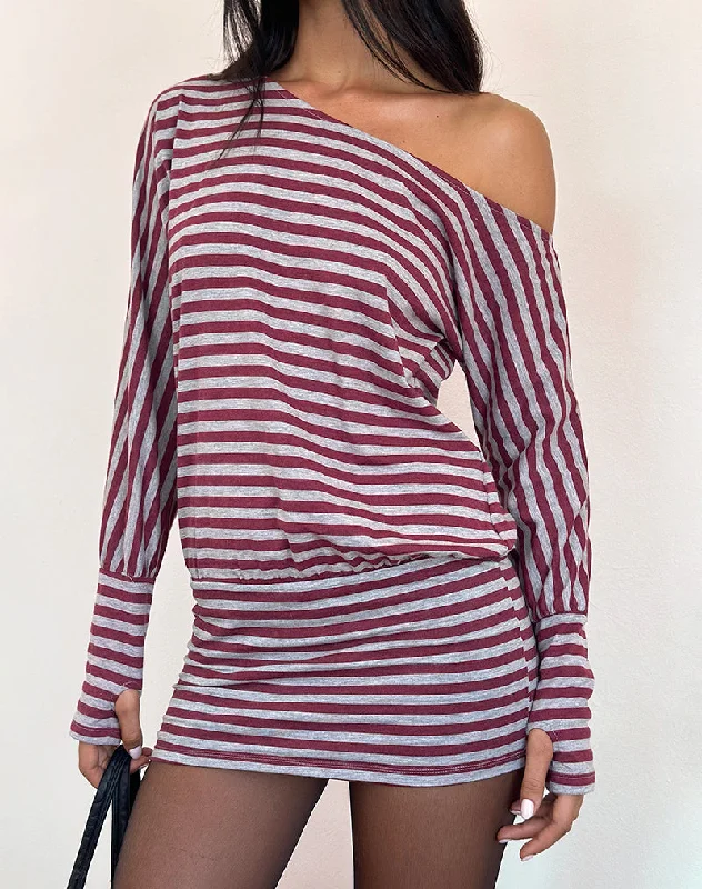 Zylina Mini Dress in Burgundy and Grey Classic Stripe Cozy Knit Mini Dress