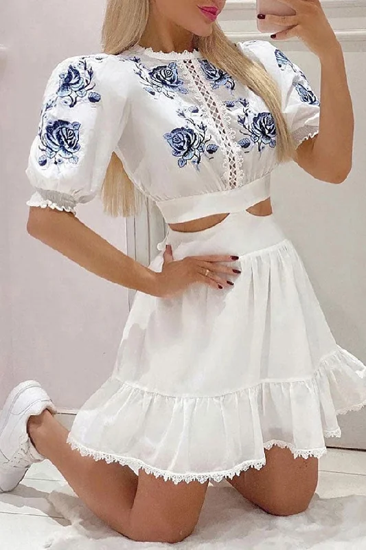 Floral Embroidery Cutout Lace Patchwork Girly Tiered Mini Dress Stylish Plaid Mini Dress