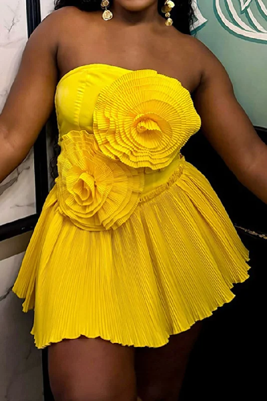 Solid Color Strapless Hyperbolic 3D Flower Decor Mini Dress Comfortable Polka Dot Mini Dress
