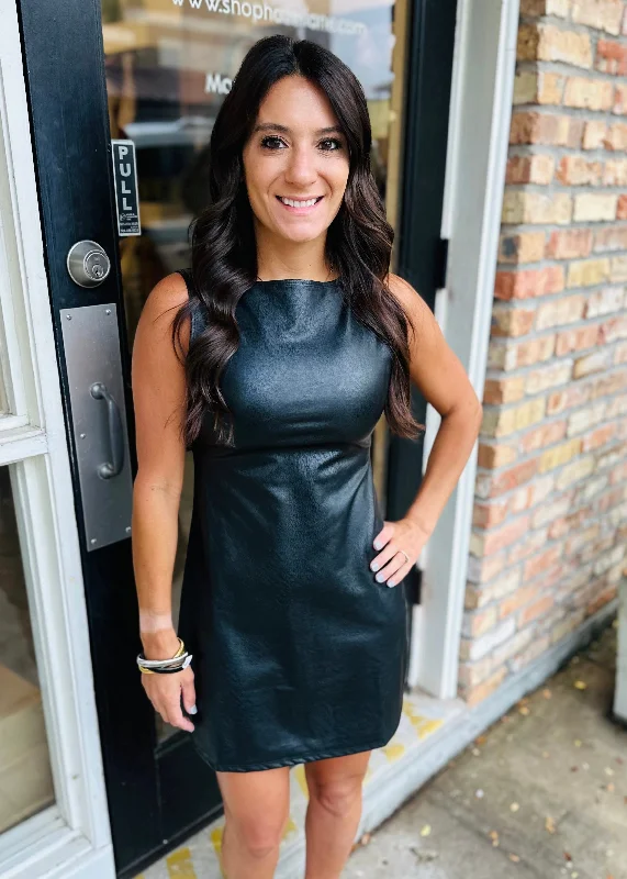 Cassidy Faux Leather Mini Dress- Black Stylish Ruffle Mini Dress
