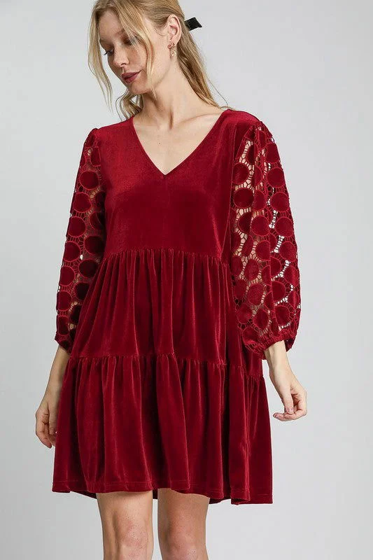 Umgee Dotted Lace Sleeve Tiered Velvet Mini Dress In Burgundy Stylish Button-Down Mini Dress