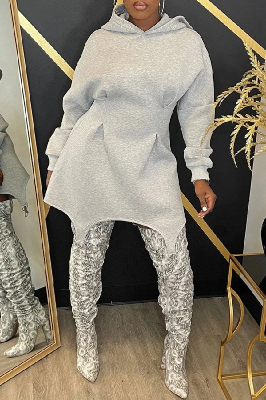 Solid Color Hooded Cozy Irregular Hem Mini Dress Cozy Satin Mini Dress