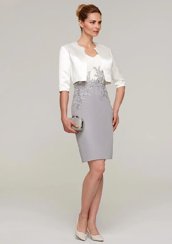Sheath/Column V Neck Short Sleeve Knee-Length Chiffon Mother of the Bride Dress With Jacket Appliqued Notch Collar Jacket Peter Pan Collar Jacket Cowl Neck Jacket Sheath/Column V Neck Short Sleeve Knee-Length Chiffon Mother of the Bride Dress With Jacket Appliqued Notch Collar Jacket Peter Pan Collar Jacket Cowl Neck Jacket