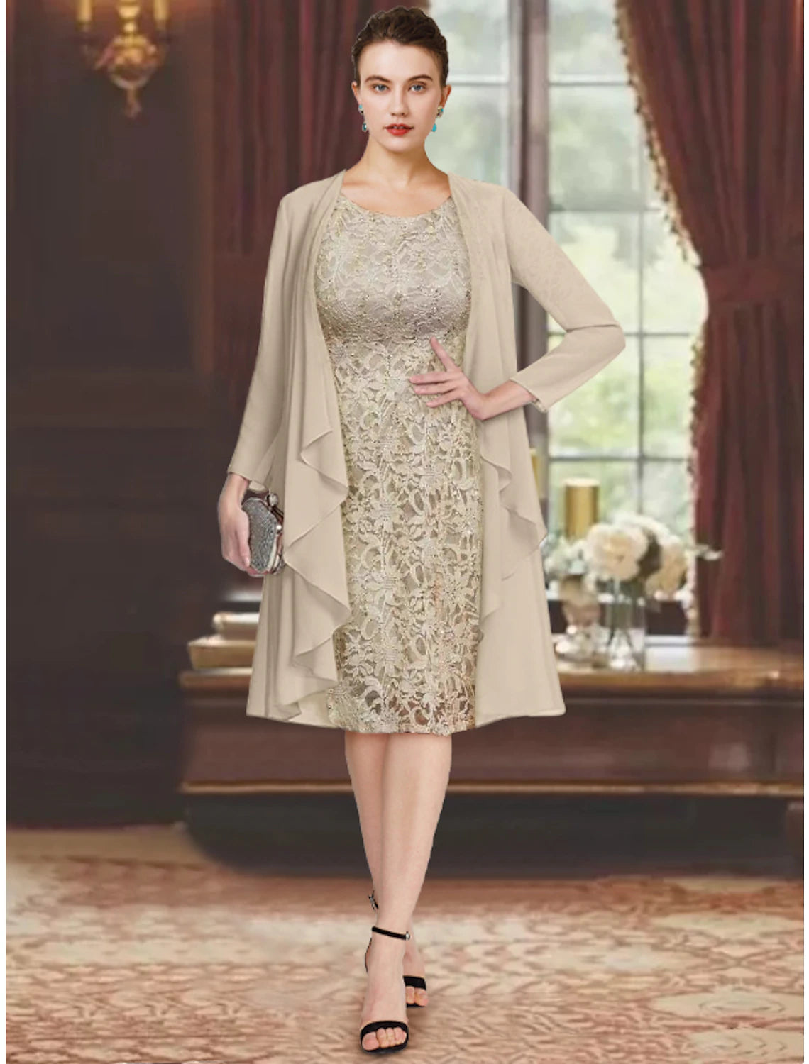 Two Piece Sheath / Column Mother of the Bride Dress Formal Wedding Guest Elegant Scoop Neck Knee Length Chiffon Lace Short Sleeve Jacket Dresses with Solid Color Faux Fur Jacket Real Fur Jacket Shearling Jacket Two Piece Sheath / Column Mother of the Bride Dress Formal Wedding Guest Elegant Scoop Neck Knee Length Chiffon Lace Short Sleeve Jacket Dresses with Solid Color Faux Fur Jacket Real Fur Jacket Shearling Jacket