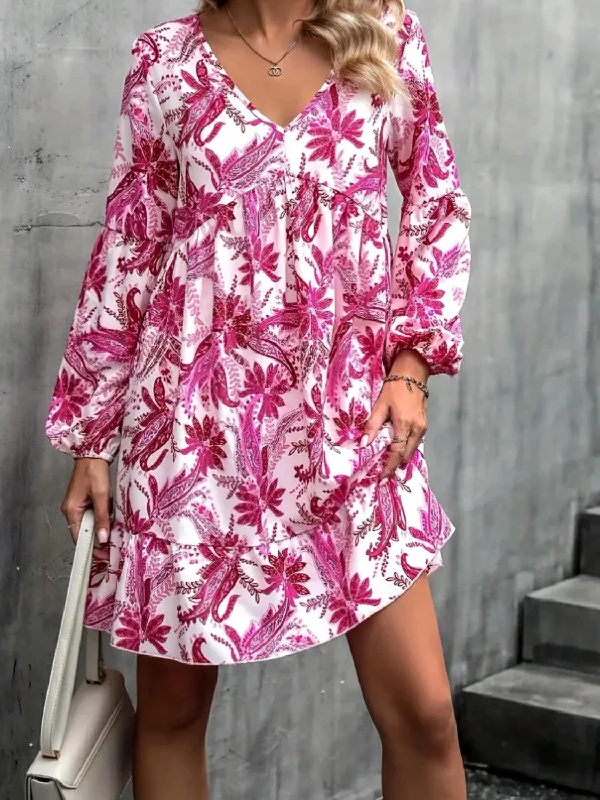Floral V-Neck Balloon Sleeve Dress Tunics Timeless classic