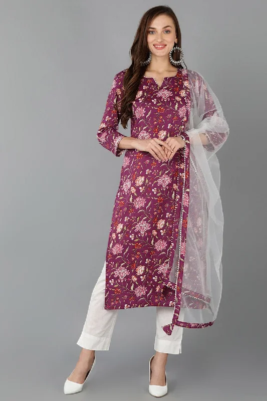 Ahika Purple Rayon Blend Floral Straight Kurta Pant With Dupatta Cozy Lounge Pants