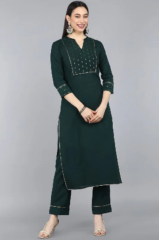 Ahika Green Poly Silk Straight Kurta With Pant Set Soft Stretch Pants