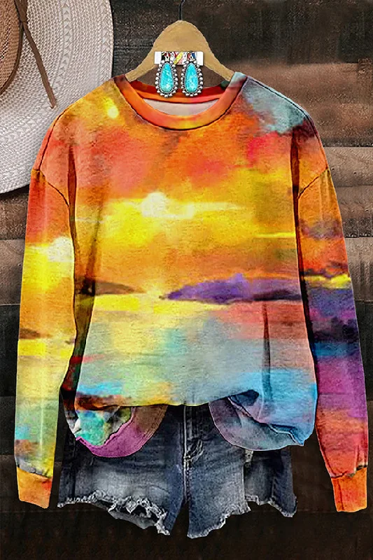 Sunset Print Long Sleeve Sweatshirt Hoodie with Full-Zip Functional Layering