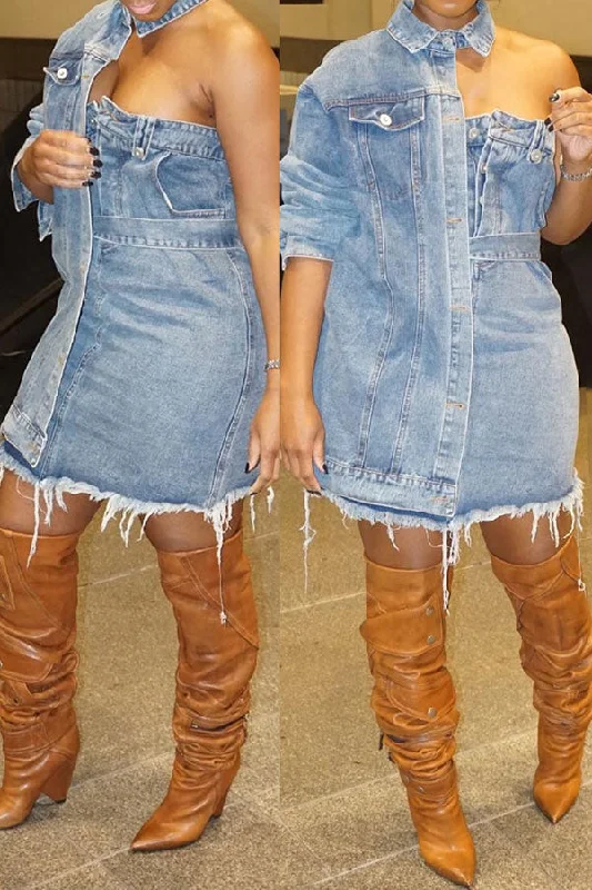 Solid Color Chic Asymmetric Lace-Up Denim Mini Dress Comfortable Zip-Up Mini Dress