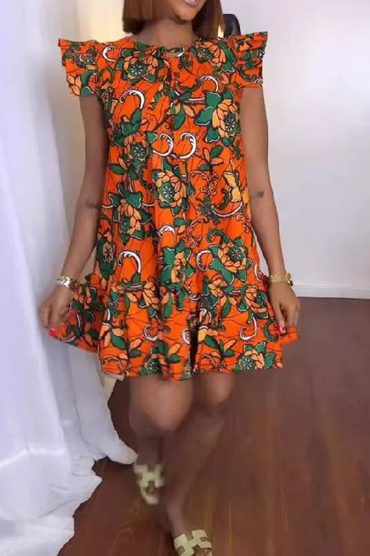 Floral Print Round Neck Commuting Ruffles Mini Dress Cozy Knitted Mini Dress