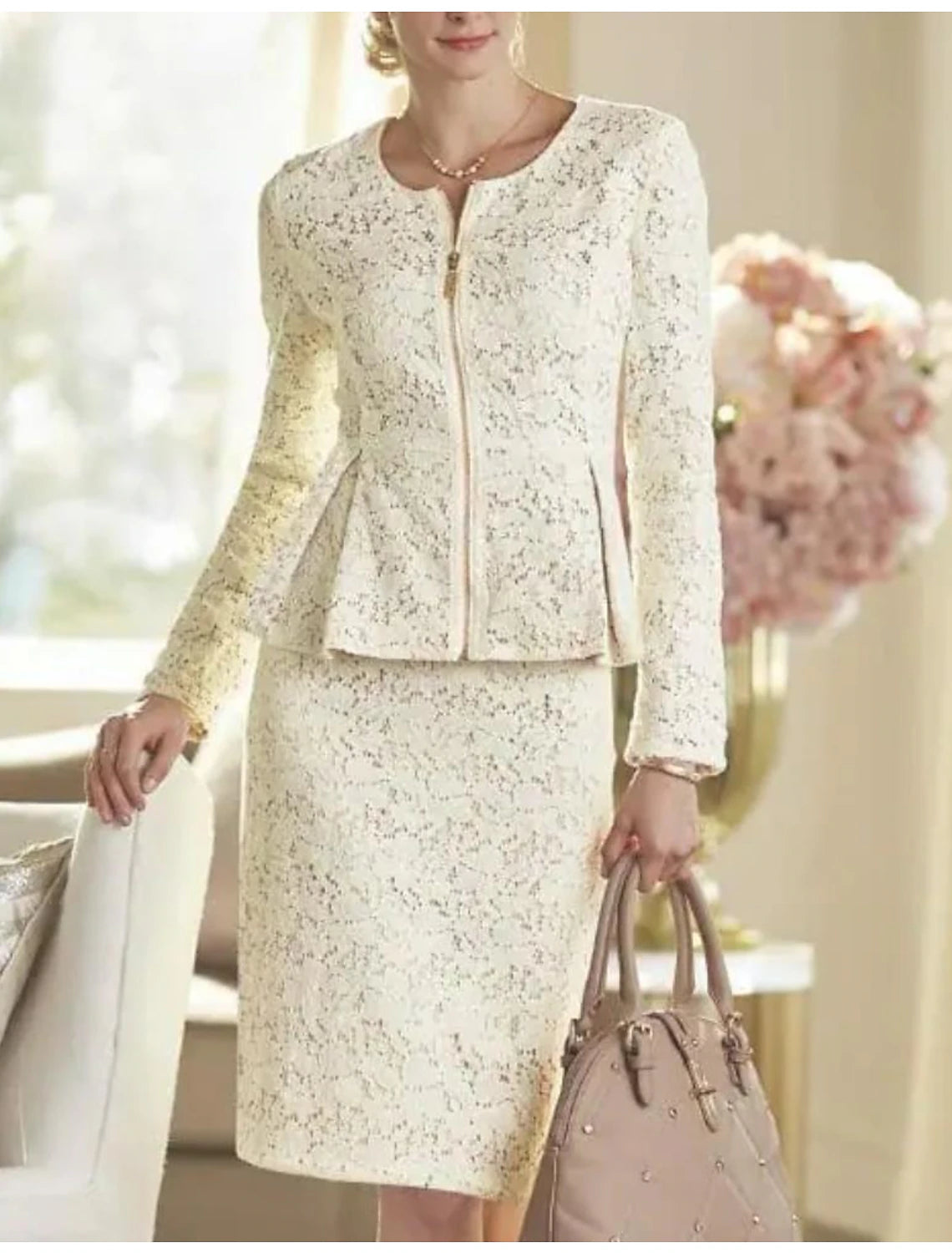 Two Piece Sheath / Column Mother of the Bride Dress Wedding Guest Party Elegant Winter With Jacket Long Sleeve Scoop Neck Knee Length Lace Solid Color Quilted Jacket Puffer Jacket Insulated Jacket Two Piece Sheath / Column Mother of the Bride Dress Wedding Guest Party Elegant Winter With Jacket Long Sleeve Scoop Neck Knee Length Lace Solid Color Quilted Jacket Puffer Jacket Insulated Jacket