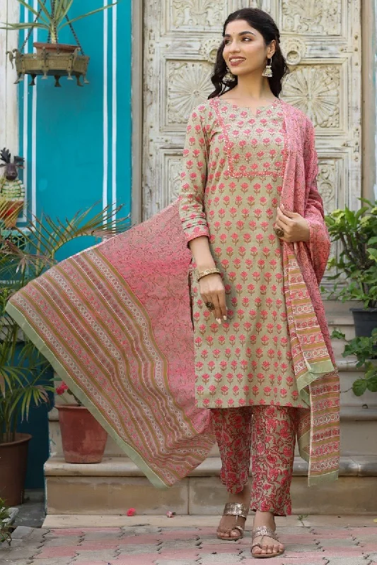 Ahika Green Cotton Floral Printed Straight Kurta Pant Dupatta Set Casual Skinny Fit Pants Ahika Green Cotton Floral Printed Straight Kurta Pant Dupatta Set Casual Skinny Fit Pants