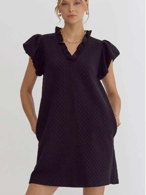 Black Textured Ruffle Neck Dress Tunics Evening elegant