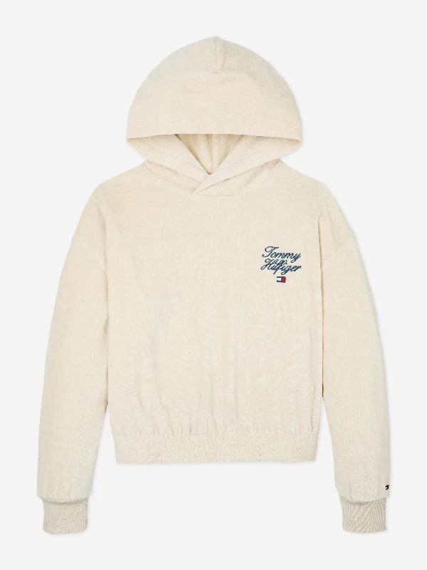 Tommy Hilfiger Girls Script Logo Velour Hoodie in Beige Hoodie with Print Artistic Unique Tommy Hilfiger Girls Script Logo Velour Hoodie in Beige Hoodie with Print Artistic Unique
