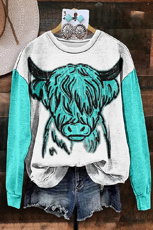 Vintage Western Cow Print Sweatshirt Cotton Hoodie Fleece Lining Warmth