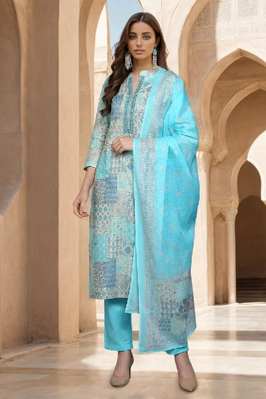 Ahika Cotton Blue Printed Straight Kurta Pant With Dupatta Cozy Full-Length Pants