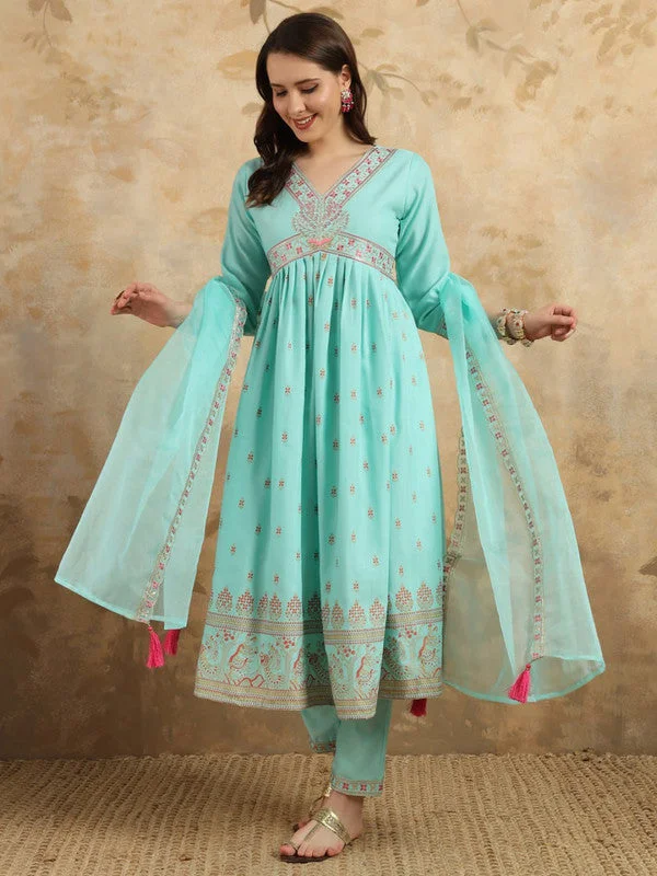 Malishka Export Women's Embroidered Rayon Slub with Foil Kurti With Pant & Dupatta Set - Sky Blue Comfortable Fleece Pants Malishka Export Women's Embroidered Rayon Slub with Foil Kurti With Pant & Dupatta Set - Sky Blue Comfortable Fleece Pants