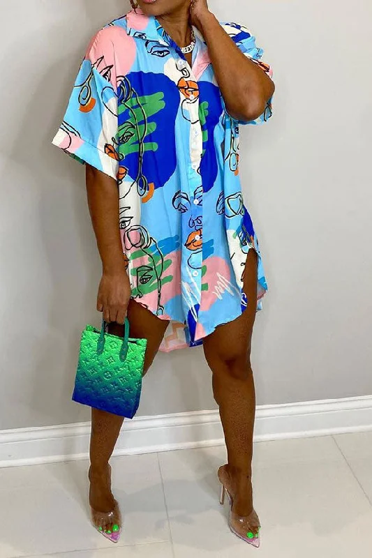 Graffiti Print Classic Irregular Hem Mini Dress Elegant Mini Dress with Ruffles