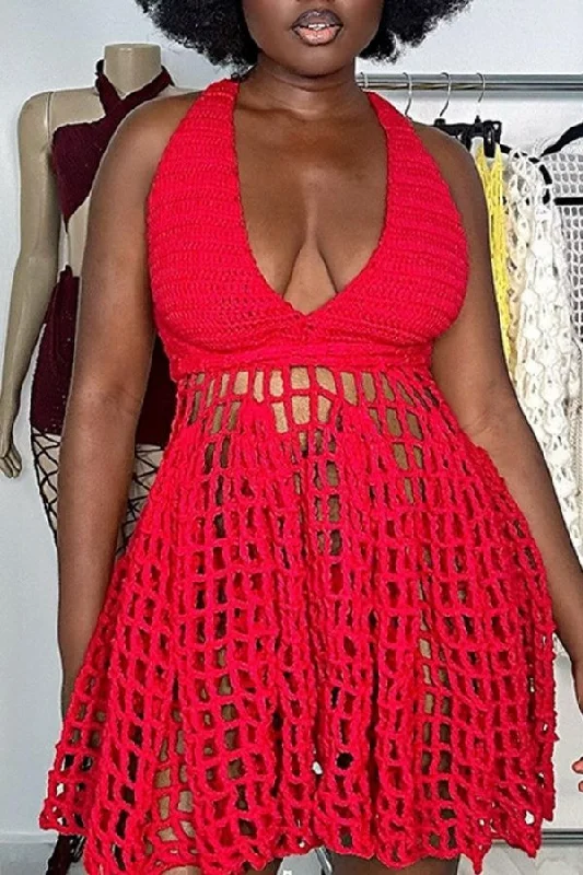 Solid Color Knitted Flirty Cutout A-Line Mini Dress Stylish Sweetheart Neck Mini Dress