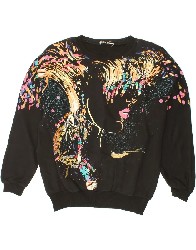 VINTAGE Womens Oversized Graphic Sweatshirt Jumper UK 14 Medium Black Hoodie with Applique Textured Unique VINTAGE Womens Oversized Graphic Sweatshirt Jumper UK 14 Medium Black Hoodie with Applique Textured Unique
