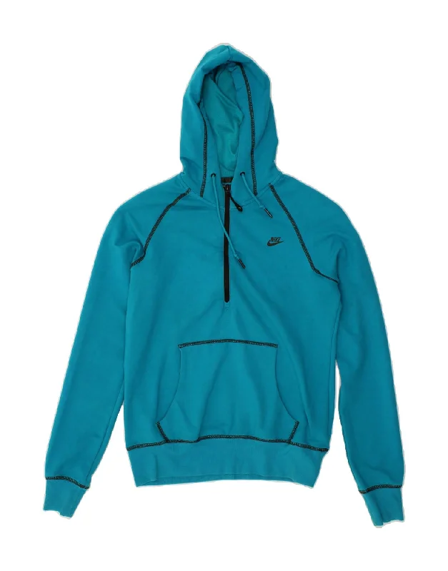 NIKE Womens Zip Neck Hoodie Jumper UK 12/14 Medium Blue Cotton Hoodie with Belted Waist Structured Tailored
