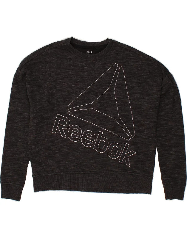 REEBOK Womens Graphic Sweatshirt Jumper UK 16/18 Large Black Cotton Hoodie with Applique Textured Unique REEBOK Womens Graphic Sweatshirt Jumper UK 16/18 Large Black Cotton Hoodie with Applique Textured Unique