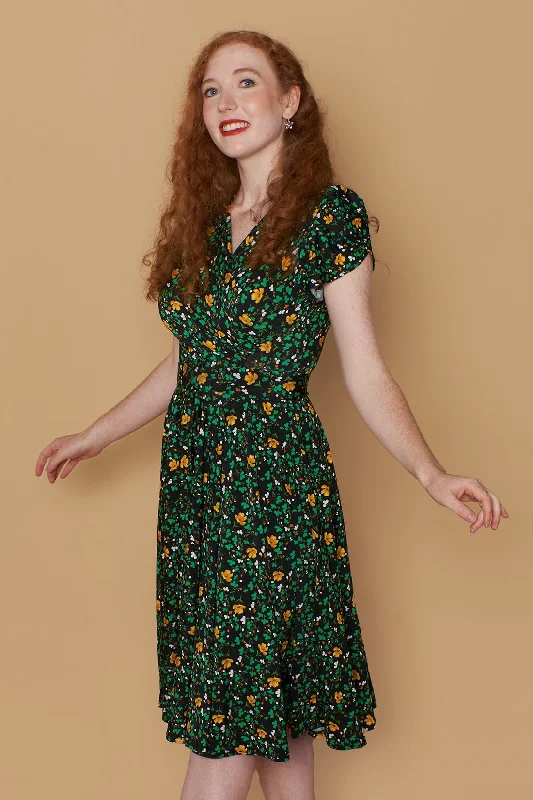 Green & Mustard Floral Jersey Dress Tunics Long Elegant